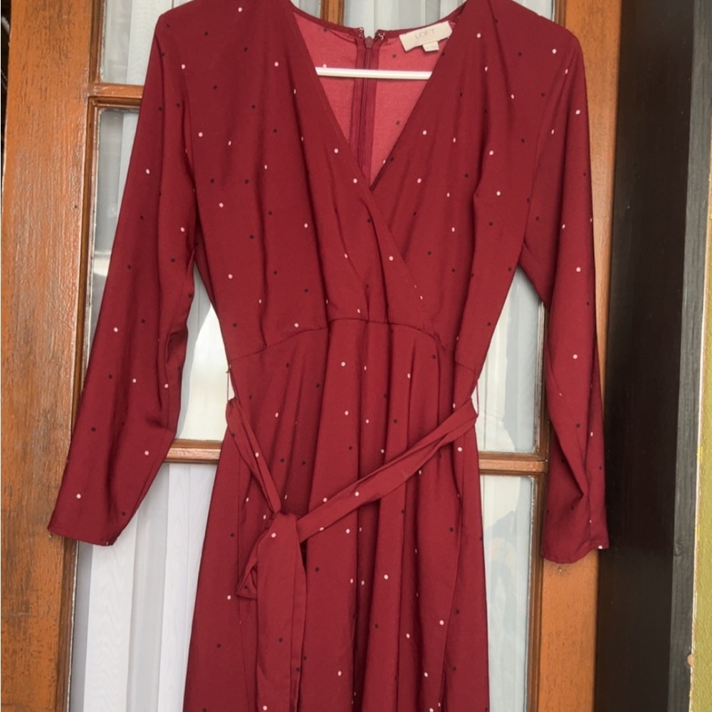 Women's Burgundy Long Sleeve Wrap Dress with Belt
